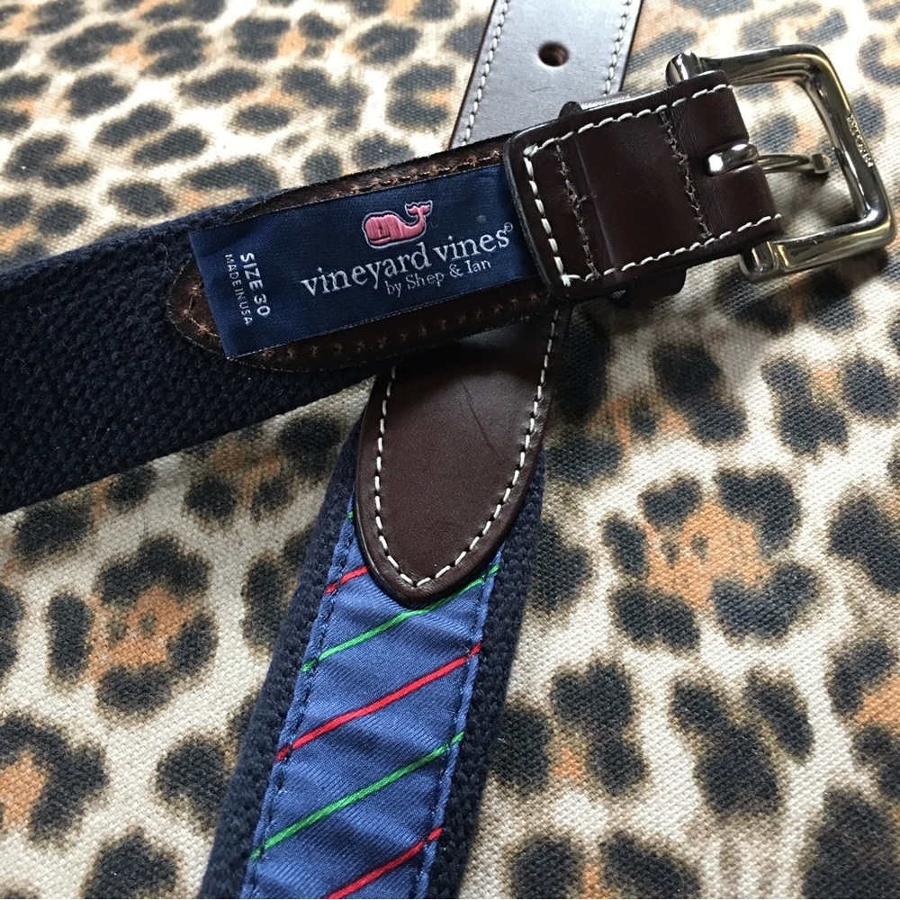 Mens Vineyard Vines Belt Christmas Canvas Ribbon Leather & Solid Brass EUC sz 30